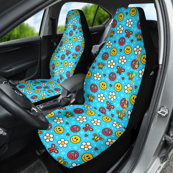 Light Blue Color with Peace, Smile, Flower and Butterfly Car Seat Cover