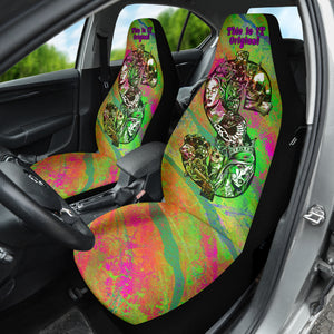 Neon Green and Orange Shiny Glitter Color Marble Stone with Colorful Stripes Design with Dollar Sign, Skull and Sugar Skull Car Seat Cover