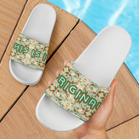 Abstract Flowers Pattern Design in Army Beige and Green Colors Slide Sandals