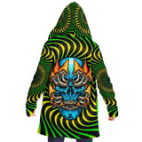 Green Hypnotic Design With Psychedelic Light Blue Skull & Mushrooms Hooded Micro Fleece Cloak