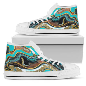 Luxury Marble Ocean Blue Design With Gold Stripes High Top Shoe