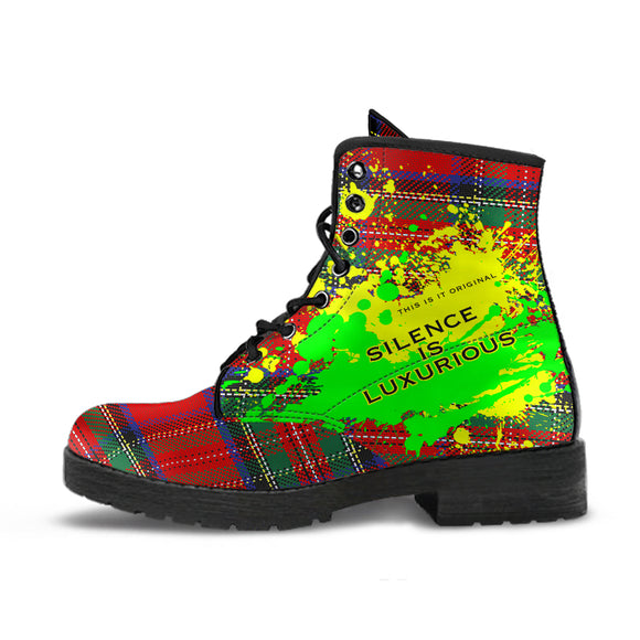Silence is Luxurious. Classic Red Tartan Design With Neon Splash Leather Boots