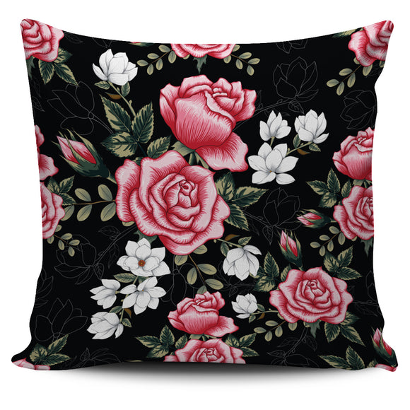 Pink Rose & White Flower Pillow Cover