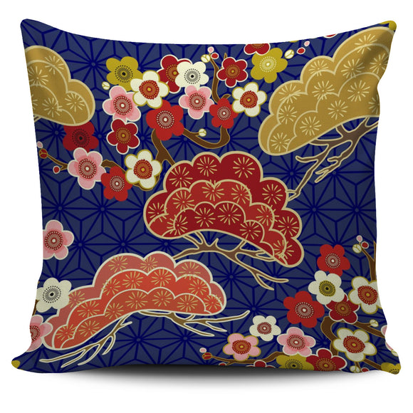 Japanese Blue Floral Pillow Cover