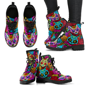 Lovely Skull Cats Handcrafted Boots