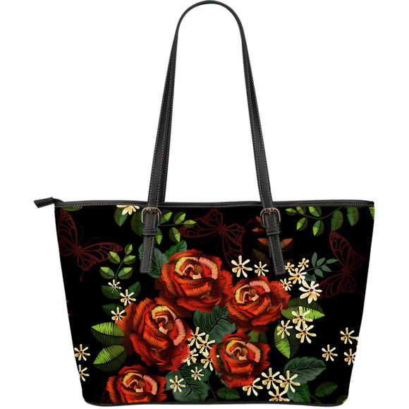 Red Roses Garden Large Leather Tote Bag