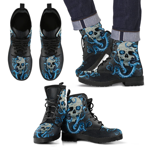 Skull With Octopus Men's Leather Boots