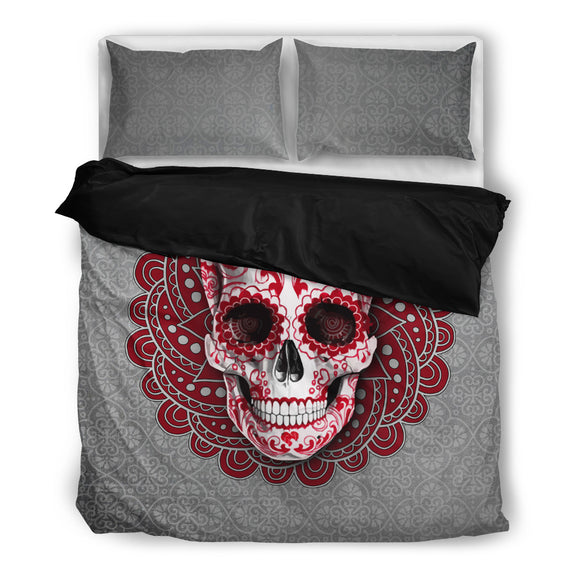 Red Mandala Grey Skull Bedding Set