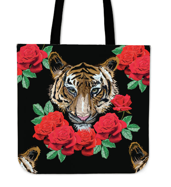 Tiger In The Middle Of Red Roses Cloth Tote Bag
