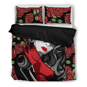 Amazing Red Roses And Skull Girl Bedding Set