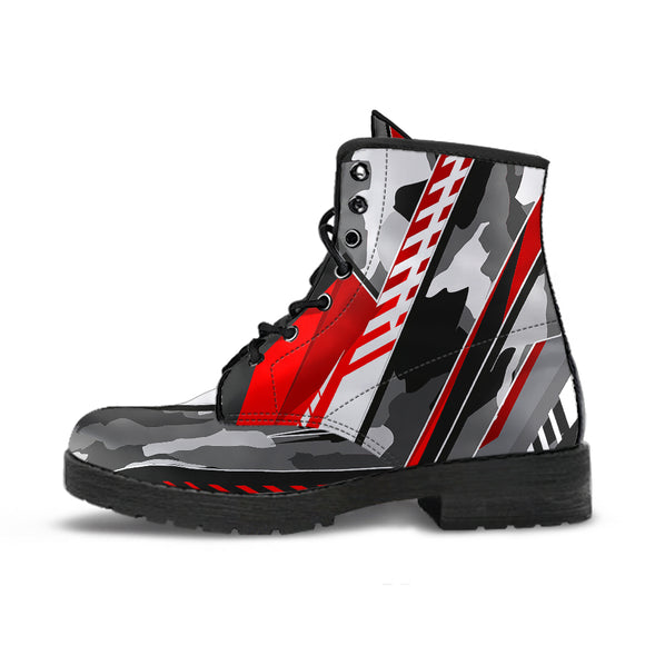 Racing Army Style Red & Grey Unisex Leather Boots