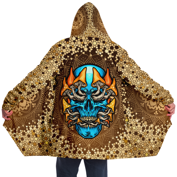 Gold Mandala Design With Psychedelic Light Blue Skull & Mushrooms Hooded Micro Fleece Cloak