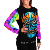 Psychedelic Light Blue Skull with Rainbow Colorful Psychedelic Art Work on Sleeves Design Luxury Fashion Sweatshirt