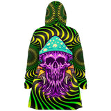 Green Hypnotic Design With Psychedelic Violet Skull & Mushrooms Hooded Micro Fleece Cloak