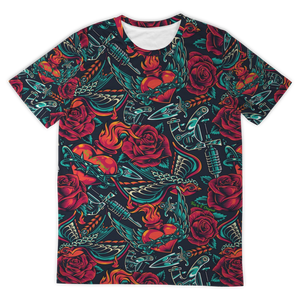 Luxury Tattoo Design With Roses Street Wear Style T-Shirt