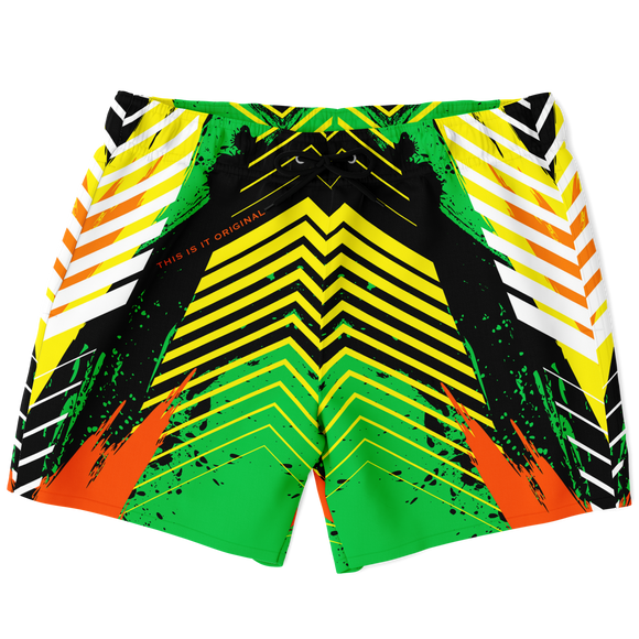 Luxurious Racing Style - Neon Green & Orange Stripes Design Swim Trunks For Men's