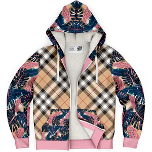 Pink & Grey Tropical Design with Luxury Safari Tartan Style Exclusive Micro Fleece Zip Hoodie