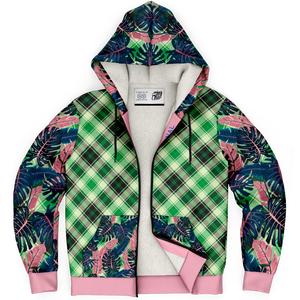 Pink & Grey Tropical Design with Luxury Neon Green Tartan Style Exclusive Micro Fleece Zip Hoodie