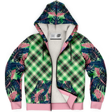 Pink & Grey Tropical Design with Luxury Neon Green Tartan Style Exclusive Micro Fleece Zip Hoodie