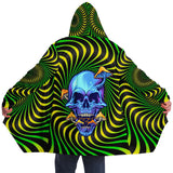 Green Hypnotic Design With Psychedelic Dark Blue Skull & Mushrooms Hooded Micro Fleece Cloak