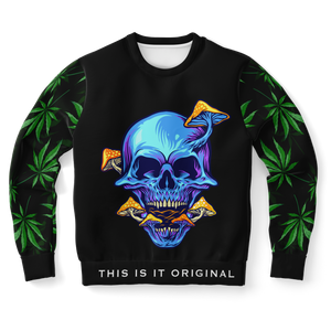 Psychedelic Dark Blue Skull with Cannabis Art Work on Sleeves Design Luxury Fashion Unisex Sweatshirt