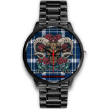 Luxury Blue & White Tartan Design with Angry Aries and Roses Black Flex Watch