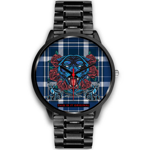 Luxury Blue & White Tartan Design with Angry Puma and Roses Black Flex Watch