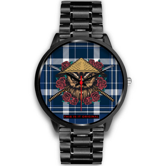 Luxury Blue & White Tartan Design with Angry Ninja Owl and Roses Black Flex Watch
