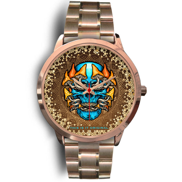 Luxurious Golden Mandala Design with Light Blue Skull & Psychedelic Mushrooms Rose Gold Watch