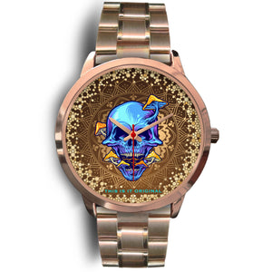 Luxurious Golden Mandala Design with Dark Blue Skull & Psychedelic Mushrooms Rose Gold Watch