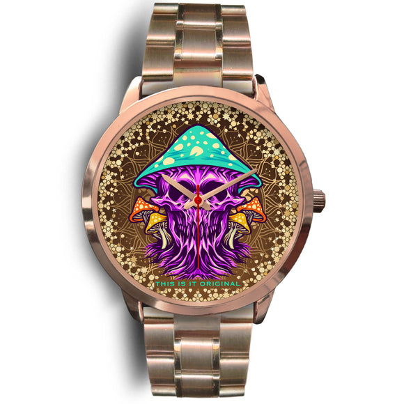 Luxurious Golden Mandala Design with Fresh Violet Skull & Psychedelic Mushrooms Rose Gold Watch