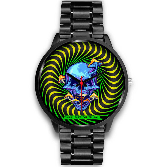Psychedelic Vibe Design With Dark Blue Skull Luxury Black Watch