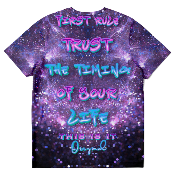 First Rule - Trust The Timing of Your Life Violet Sky & Stars Design Luxurious T-Shirt