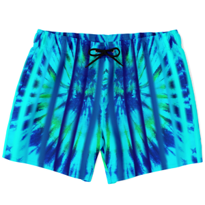Magic Tie Dye Blue X Spiral Motion with Neon Stripes Luxury Swim Trunks For Men's