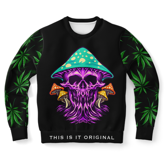 Psychedelic Violet Skull with Cannabis Art Work on Sleeves Design Luxury Fashion Unisex Sweatshirt
