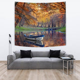 Boat On The Lake In The Autumnal Forest Tapestry