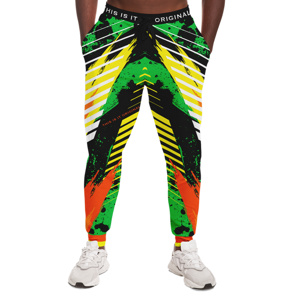 Luxurious Racing Style - Neon Green & Orange Stripes Design Fashion Pants