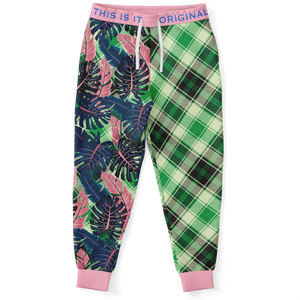 Pink & Grey Tropical Design with Exclusive Neon Green Tartan Style Fashion Unisex Luxury Sweatpants