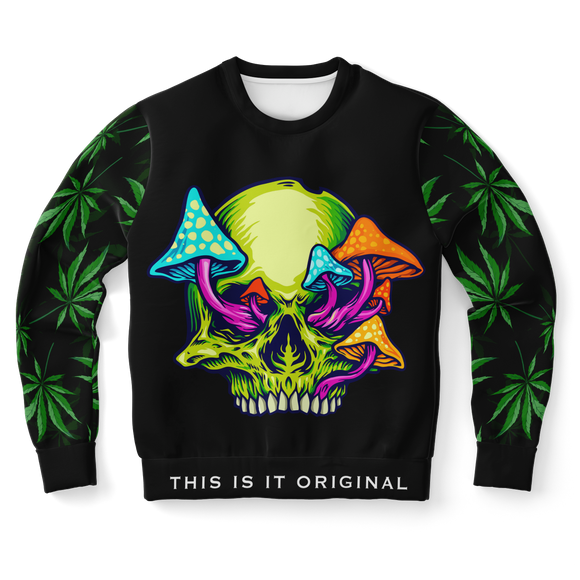 Psychedelic Neon Green Skull with Cannabis Art Work on Sleeves Design Luxury Fashion Unisex Sweatshirt