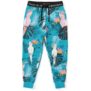 Tropical Jungle Light Blue Design with Pink & White Parrots Fashion Stylish Joggers