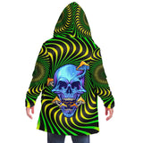 Green Hypnotic Design With Psychedelic Dark Blue Skull & Mushrooms Hooded Micro Fleece Cloak