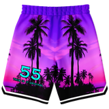 Pink & Violet Sunset with Palm Tree - 55 Lucky Number - Unisex Basketball Shorts