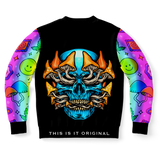 Psychedelic Light Blue Skull with Rainbow Colorful Psychedelic Art Work on Sleeves Design Luxury Fashion Sweatshirt