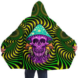 Green Hypnotic Design With Psychedelic Violet Skull & Mushrooms Hooded Micro Fleece Cloak