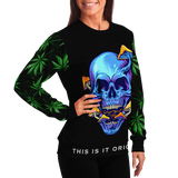 Psychedelic Dark Blue Skull with Cannabis Art Work on Sleeves Design Luxury Fashion Unisex Sweatshirt