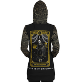 Magic Black & Gold Ornamental Sleeve - Tarot Card "THE HIGH PRIESTESS" Luxury Longline Hoodie Dress