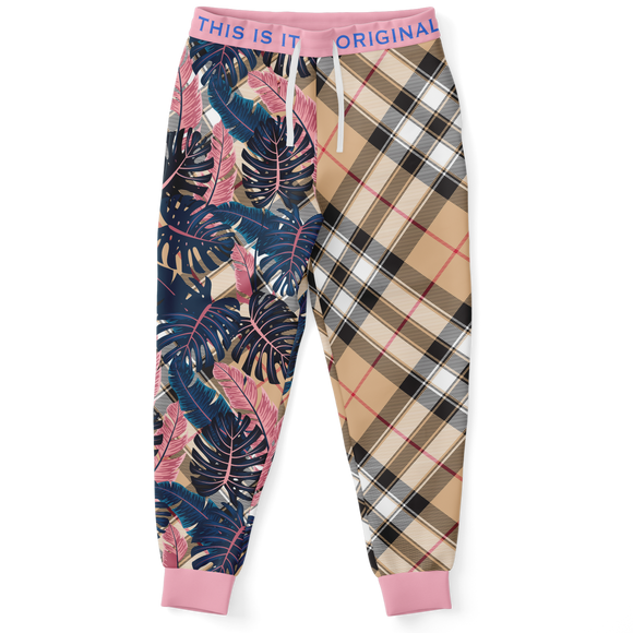 Pink & Grey Tropical Design with Exclusive Safari Tartan Style Fashion Unisex Luxury Sweatpants