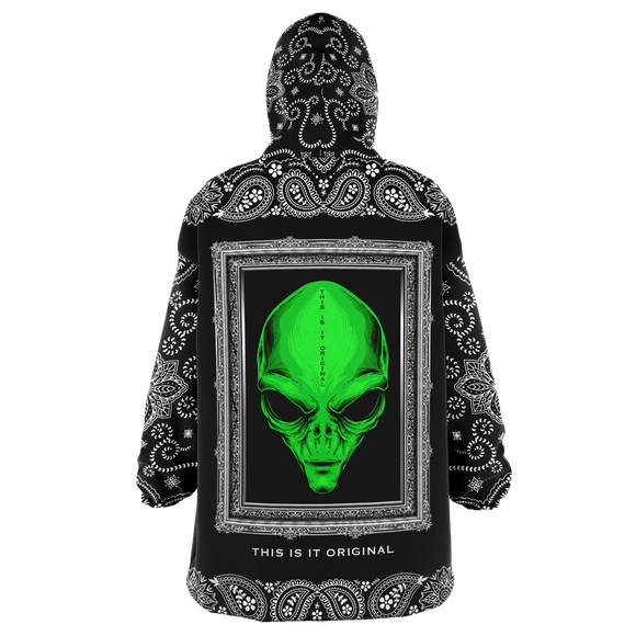Beautiful Alien in Silver Frame Design with Black Paisley Bandana Sleeve Style XXL Oversized Snug Hoodie