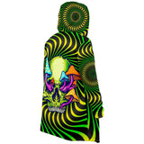 Green Hypnotic Design With Psychedelic Neon Green Skull & Mushrooms Hooded Micro Fleece Cloak