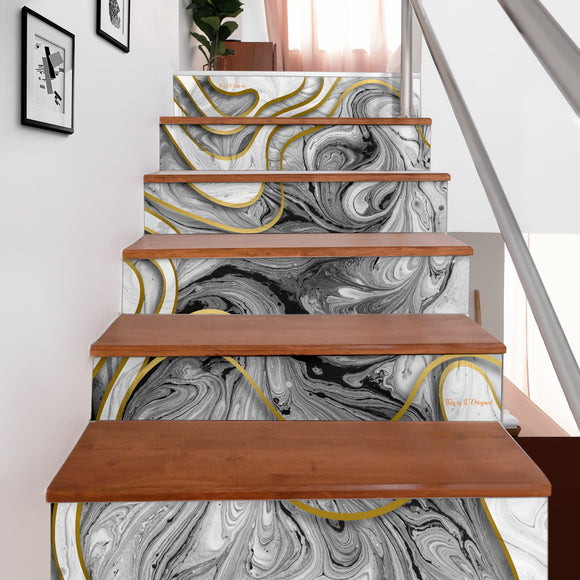 Luxury White and Grey & Gold Marble Design Art Stair Stickers (Set of 6)